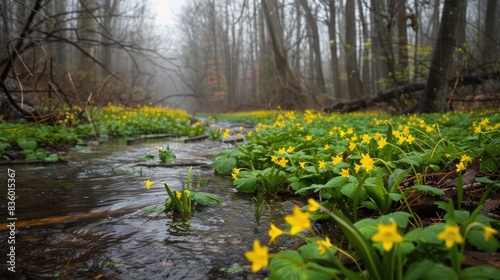 Small creek in the forest with yellow spring blooms