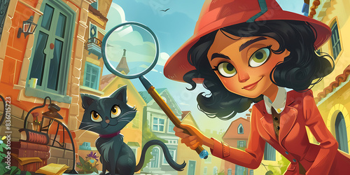 2D cartoon book cover depicting a young detective and her clever cat solving a mystery in a quaint town, with clues scattered around and a magnifying glass 