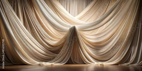 Soothing, mesmerizing wavy harmony movement of layer of blowing white, beige silky smooth sheer fabric cloth curtain in soft beautiful light on brown floor stage , soothing, mesmerizing photo