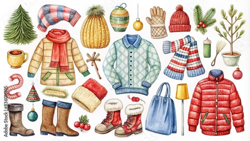 Winter clothes and essentials for Christmas, hand drawn , scarf, mittens, hat, sweater, boots, coat, earmuffs, gloves, socks, hot chocolate, snowflake, mug, snow boots, beanie