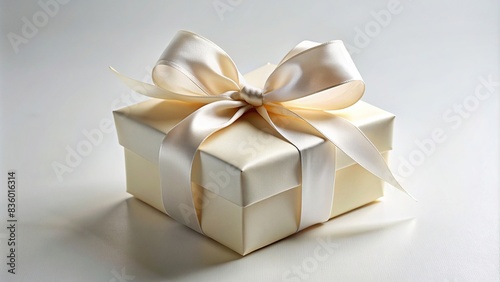 Elegant white gift box with cream satin ribbon bow on light background , Gift, box, ribbon, bow, elegant, packaging, white, cream, satin, decoration, present, surprise, celebration, luxury
