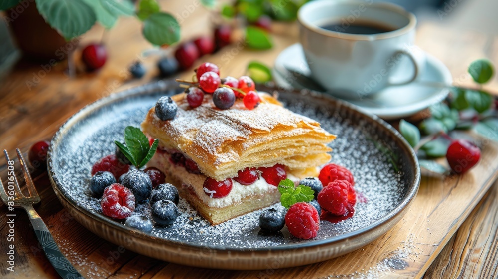 Puff cake with berries and powdered sugar served with coffee on a wooden table Puff cake with berries and powdered sugar served with coffee on a wooden table