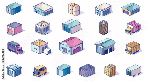 A collection of warehouse and distribution center icons, each with a unique color scheme highlighting various logistics operations.