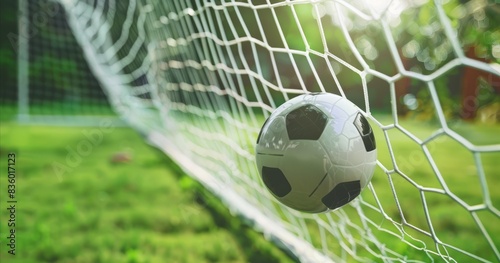 A soccer ball and a net on a soccer field