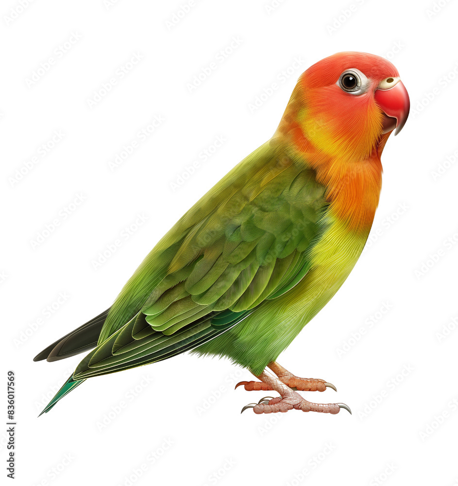 Colorful parrot standing on a white background with vibrant green, yellow, and orange feathers, looking sideways. Colorful parrot standing on a white background with vibrant green, yellow, and orange feathers, looking sideways.
