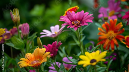 A close-up photograph showcasing a variety of colorful flowers blooming in a lush backyard garden. The vibrant petals and lush green foliage create a beautiful scene