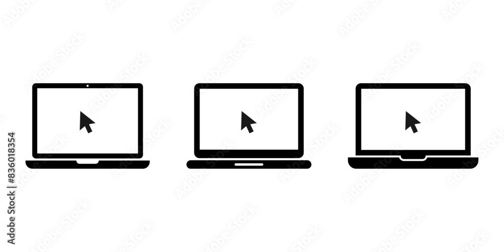 Laptop with pointer or cursor icon set. Notebook vector icon. Display with clicking mouse. Laptop icon Laptop with pointer or cursor icon set. Notebook vector icon. Display with clicking mouse. Laptop icon