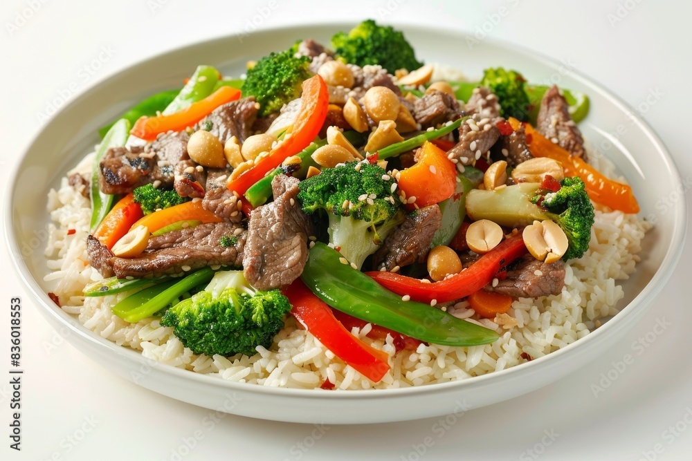 Appetizing Asian Beef and Vegetable Stir Fry in Elegant Porcelain Bowl Appetizing Asian Beef and Vegetable Stir Fry in Elegant Porcelain Bowl