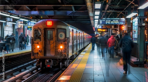 A train pulls into a bustling subway station, with commuters waiting on the platform to board. The station is lit by overhead fluorescent lights, creating a dynamic scene