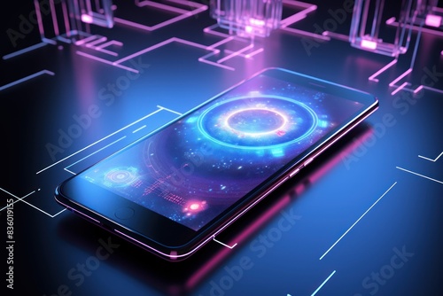 Wallpaper Mural sleek, futuristic smartphone with a vibrant holographic display, floating against Torontodigital.ca