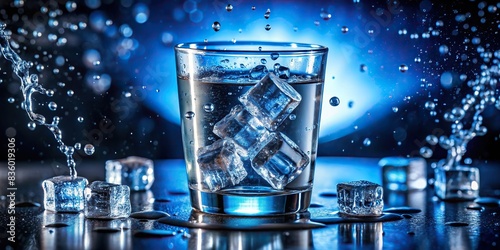 Close-up of water drops on a glass filled with water and ice cubes , water, drops, glass, close-up, frozen, ice cubes, beverage, refreshment,condensation, liquid, hydration, abstract, wet photo