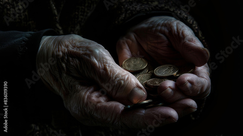 Elderly hands grasp a small stack of coins, representing financial instability or savings