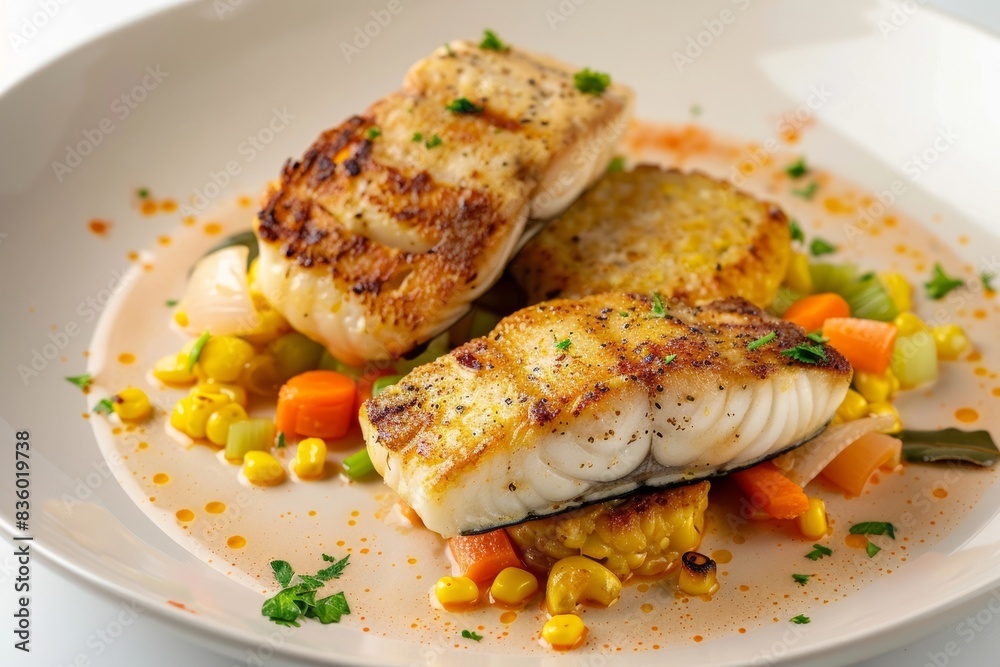 Elegant Braised Halibut and Grilled Corn Cakes with Fresh Herbs Elegant Braised Halibut and Grilled Corn Cakes with Fresh Herbs