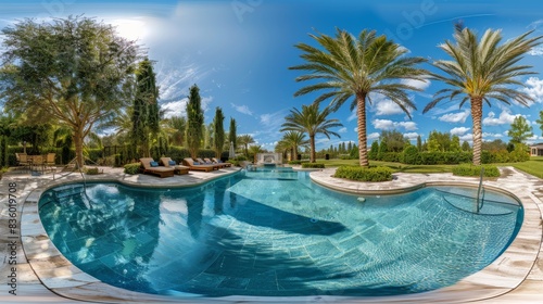 A panoramic view of a crystal clear swimming pool surrounded by lounge chairs  palm trees  and lush greenery