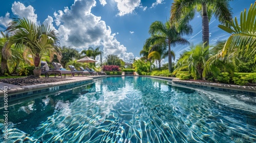 A panoramic view of a sparkling  blue swimming pool in a lush backyard  surrounded by palm trees and lounge chairs. The pool is inviting  with clear water reflecting the sunny sky