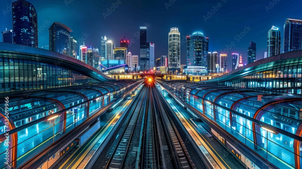 A panoramic night view of a modern train station with illuminated platforms and a city skyline in the background