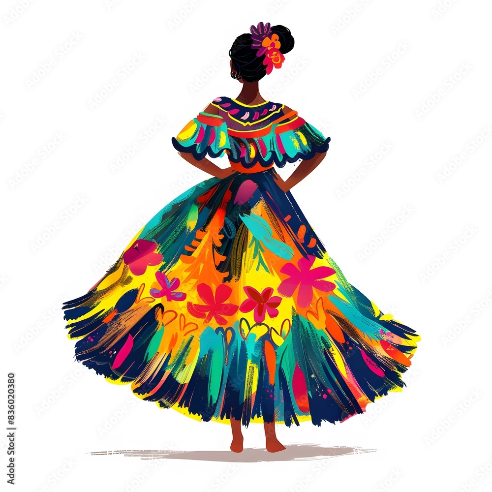 Obraz premium Colorful Mexican Dress on Black Woman: Simple Watercolor Illustration