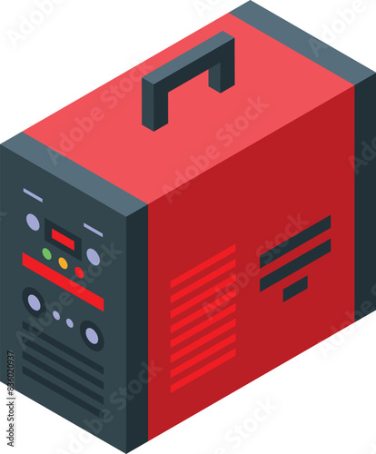 Isometric vector illustration of a red portable generator, a compact and handy power source for emergency supply, with a durable fuel engine, isolated icon, and modern technology design