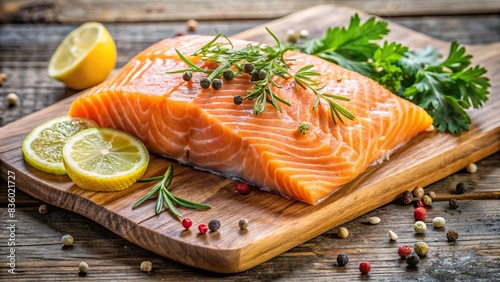 Fresh salmon fillet garnished with slices of lemon and herbs on a wooden cutting board , salmon, fresh, lemon, herbs, seafood, cooking, healthy, delicious, gourmet, raw, fillet, freshness photo