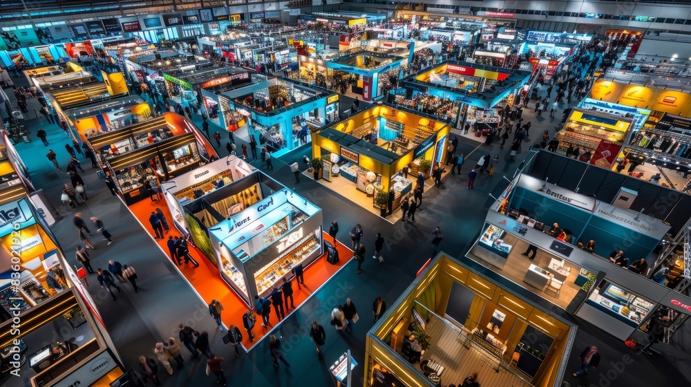 A wide-angle view of a busy trade fair floor, featuring numerous exhibitors displaying their products and services. The vibrant booths create a visually stimulating environment