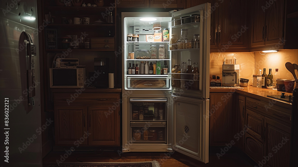 A kitchen with a refrigerator that is open and lit up A kitchen with a refrigerator that is open and lit up