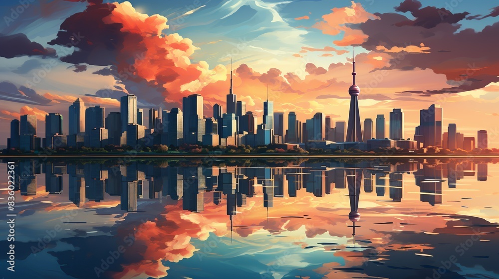 An abstract composition of city skyline and office buildings, representing the urban landscape of corporate business environments. Painting Illustration style, Minimal and Simple, An abstract composition of city skyline and office buildings, representing the urban landscape of corporate business environments. Painting Illustration style, Minimal and Simple,