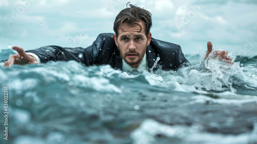 Man in a suit appears distressed while struggling in rough sea water © Michael