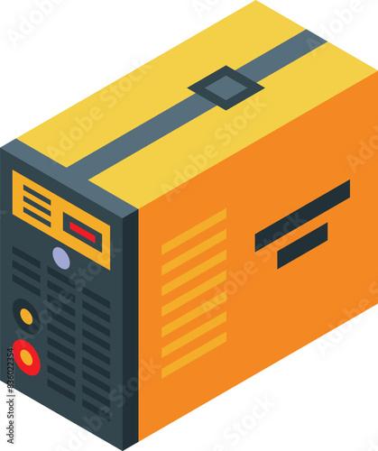 Detailed 3d isometric graphic of an orange and black power supply for electronic devices and computers