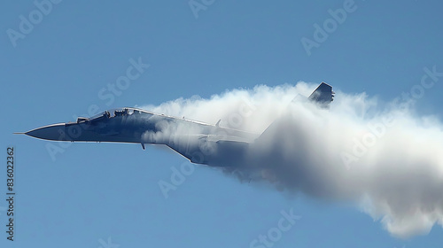 A jet is flying through the sky with a large cloud of smoke trailing it