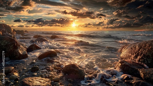 Rocky shore sunset photo