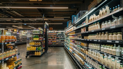An angled view of a supermarkets dairy products section, captured by a surveillance camera. Shelves are fully stocked with various dairy products