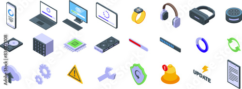 Update app software icons isometric set vector. A collection of technology icons including a laptop, tablet, smart watch, and a virtual reality headset
