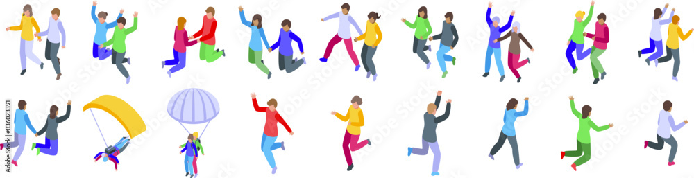 Couple jump icons isometric set vector. A group of people are jumping and playing in the air. Some are holding umbrellas, while others are wearing jackets. The scene is lively and fun, with people of