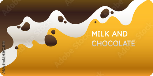 Modern poster of milk and chocolate with splashes on the background. Vector illustration in a flat minimalist style. Template for the design.