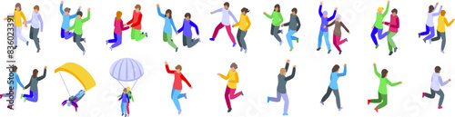 Couple jump icons isometric set vector. A group of people are jumping and playing in the air. Some are holding umbrellas, while others are wearing jackets. The scene is lively and fun, with people of