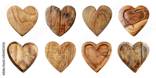 Collection heart shapes blank wooden sign board wood on a transparent background. Valentine's Day, wedding, love, cut out, PNG