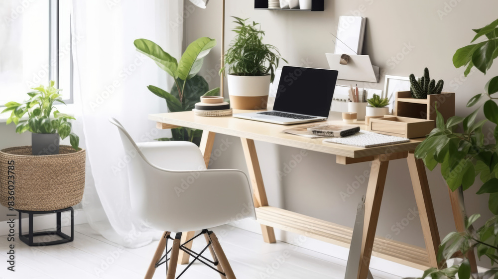 Home office setup with a sleek desk, indoor plants and laptop Home office setup with a sleek desk, indoor plants and laptop
