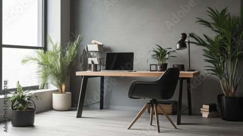 Home office setup with a sleek desk  indoor plants and laptop