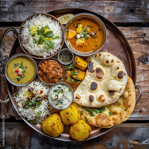 Top view of paneer sabji rice roti in plate, indian masala food  photo