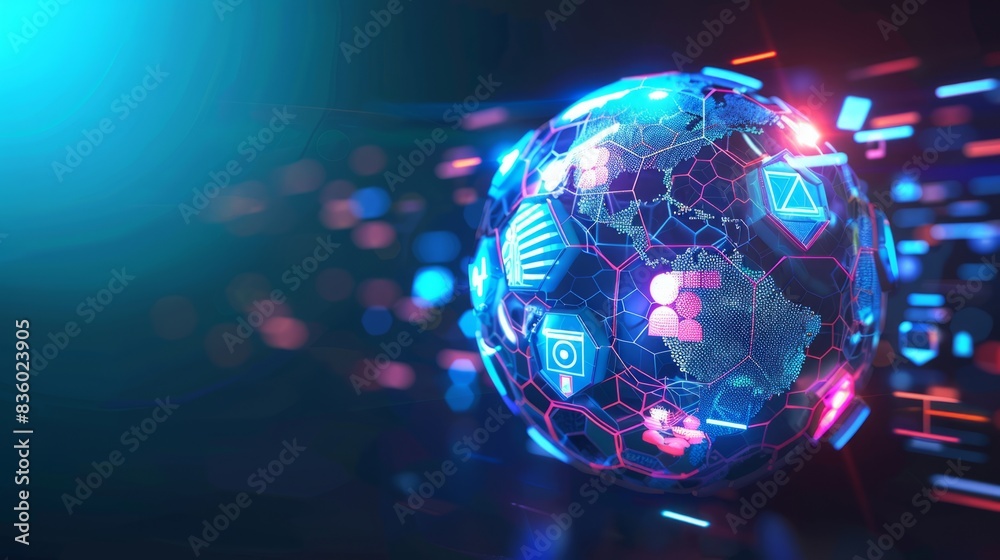E-learning. Innovative online education technology concept. Webinar, teaching, online training courses. Skill development. Abstract 3D sphere with surface of hexagons with icons