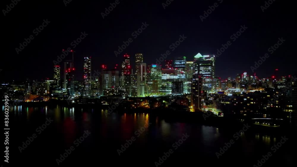 Isle of Dogs, London, UK Aerial night video of Canary Wharf skyscrapers Isle of Dogs, London, UK Aerial night video of Canary Wharf skyscrapers