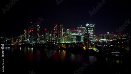 Isle of Dogs, London, UK Aerial night video of Canary Wharf skyscrapers photo