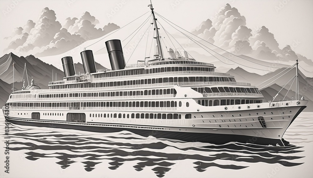 Fototapeta premium vintage monochrome drawing of a passenger steamship, art design