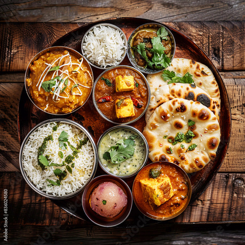 Top view of indian veg thali having paneer, rice, chapati mithai etc, typical north indian food