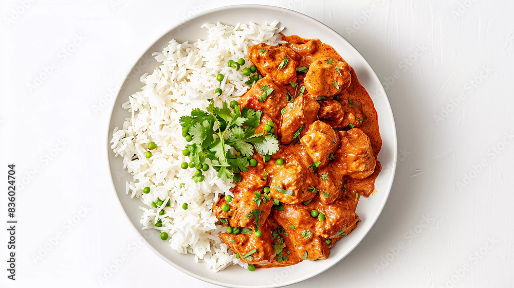 Top view of chicken tikka masala with rice in plate isolated on white background Top view of chicken tikka masala with rice in plate isolated on white background