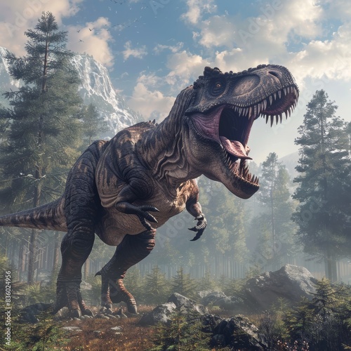 Witness the power and majesty of a Tyrannosaurus rex roaring in a prehistoric landscape  a fearsome reminder of the dinosaur s dominance  Created with Generative AI.