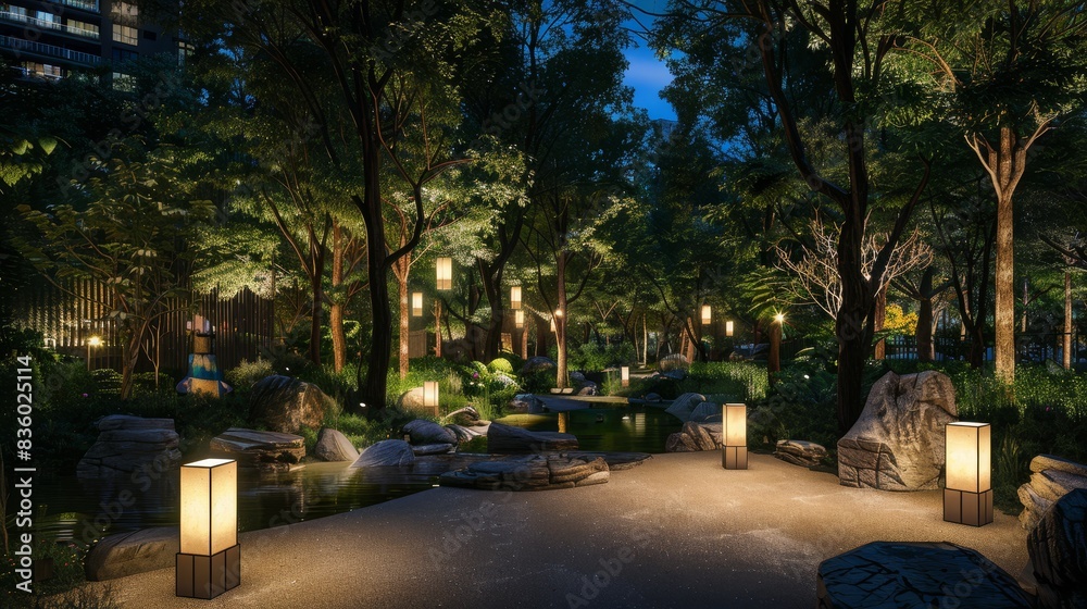 Obraz premium A city park at night, transformed into a tranquil escape with paths lit by soft lanterns. 
