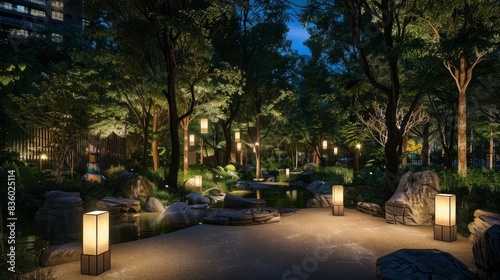 A city park at night, transformed into a tranquil escape with paths lit by soft lanterns. 