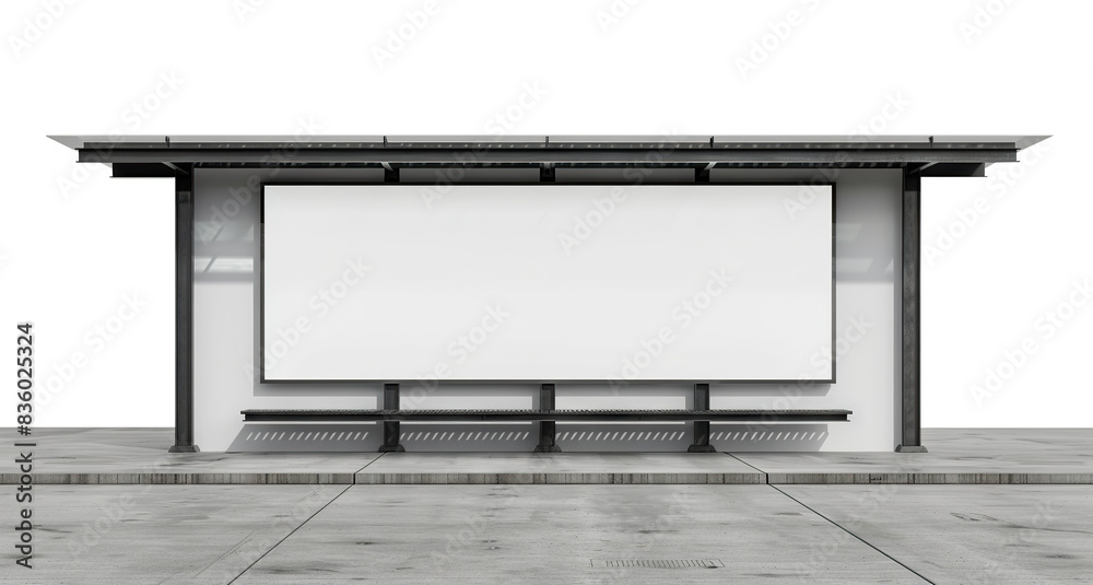 Obraz premium Bus stop shelter with blank advertisement panel and bench, cut out