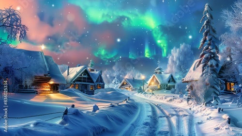 A snowy village with the Northern Lights casting vibrant colors over snow-covered cottages. 